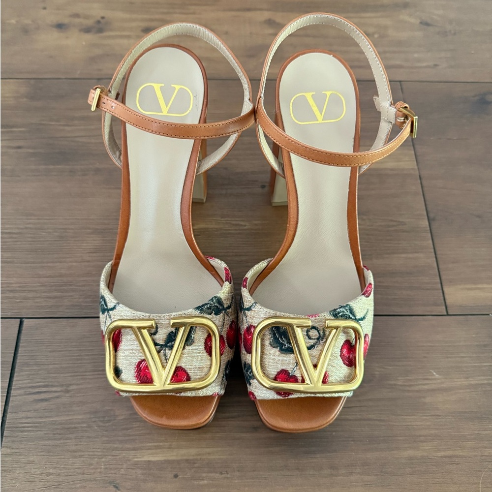 Valentino Tan Leather & Floral Embroidered Heels with Gold Logo